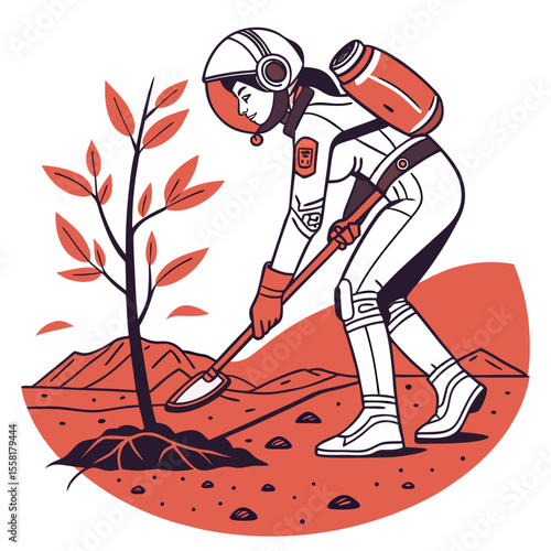 Female astronaut planting a tree on a red planet with mountains in the background in a line art style