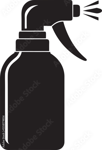Black silhouette of a spray bottle with liquid spraying from the nozzle isolated on white background