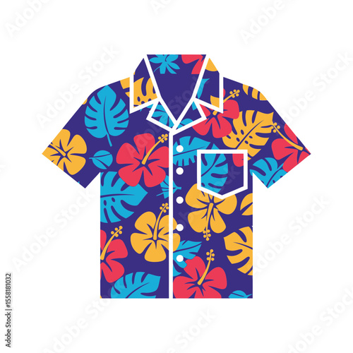 Colorful flat illustration of a classic Hawaiian shirt featuring a vibrant tropical pattern with red yellow and blue flowers and leaves ideal for summer vacation island travel