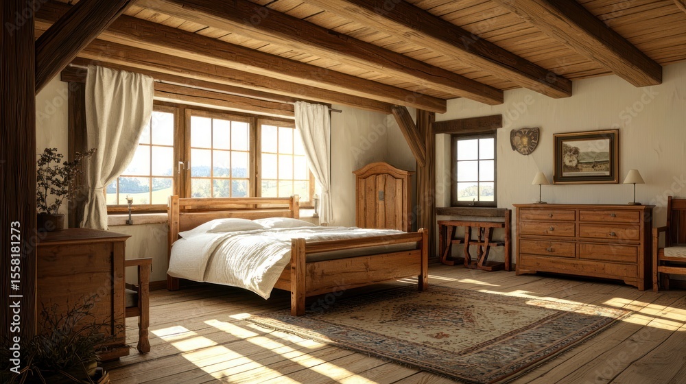 Fototapeta premium A rustic bedroom with wooden beams and furniture