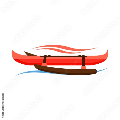 Dynamic red outrigger canoe with brown pontoon floating on stylized blue wave vector graphic illustration symbolizing traditional pacific island boat travel and aquatic adventure