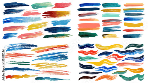 Hand-painted colorful brush stroke set with textured watercolor effects, ideal for creative projects, graphic design elements, and artistic backgrounds.

