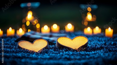 Romantic Heart Candles on Decorative Blanket with Glowing Lights and Soft Bokeh Background