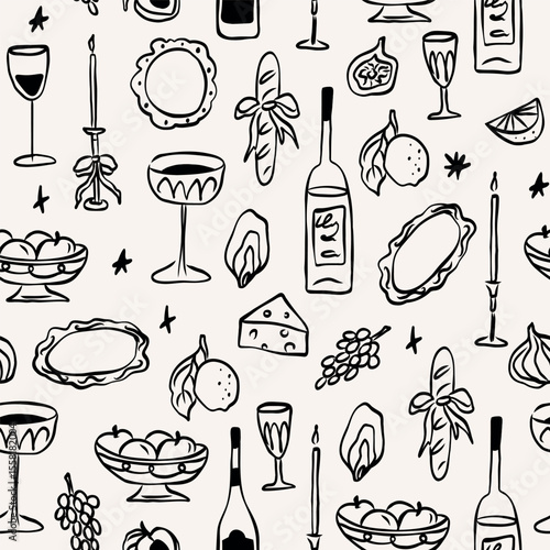Hand drawn whimsical wine and food background