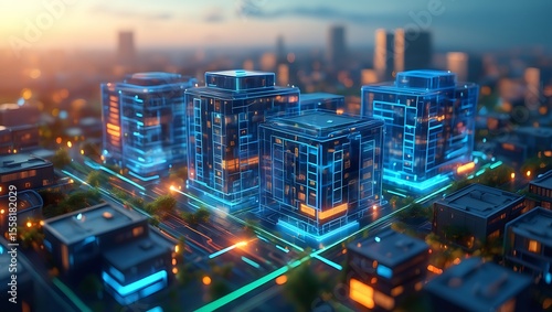 Futuristic city skyline with glowing blue digital wireframe buildings and vibrant orange lights at dusk