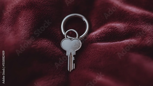 Silver Heart-Shaped Key on Soft Velvet Fabric Background for Creative Concepts