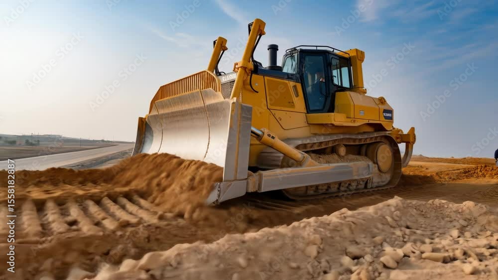 Large yellow bulldozer working on a construction site under a clear sky Large yellow bulldozer working on a construction site under a clear sky