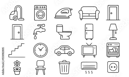 Housekeeping & Home Appliances Line Icons: Cleaning, Domestic & Smart Home Vector Set