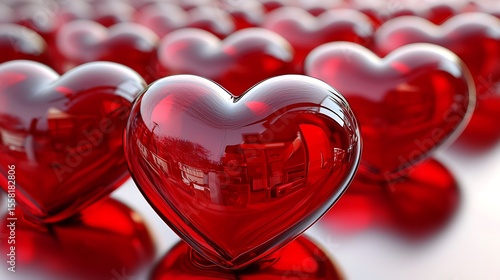 Red Glass Hearts on a Reflective Surface Creating a Romantic and Cheerful Atmosphere