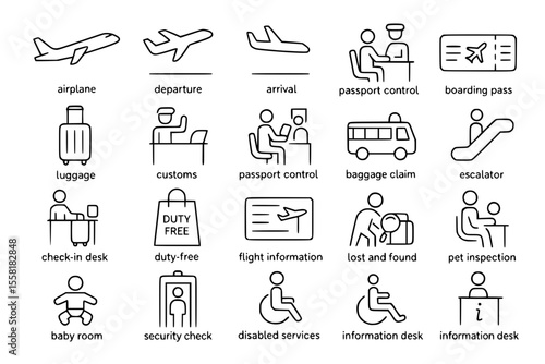 Airport Travel & Aviation Line Icons: Flight, Customs & Passenger Services Vector Set