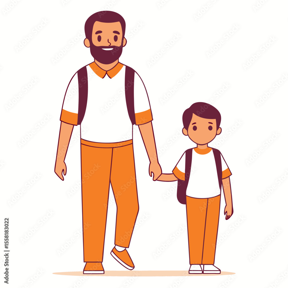 Father and Son Walking to School Holding Hands Back to School Illustration Father and Son Walking to School Holding Hands Back to School Illustration