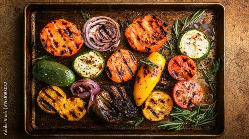 A top down shot of grilled vegetables on a metal tray with rosemary sprigs around it