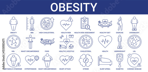 Obesity Icon Set Collection with Cholesterol, LDL, HDL, Metabolic Syndrome icon