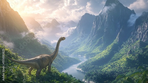 Dinosaur in Lush Mountain Valley