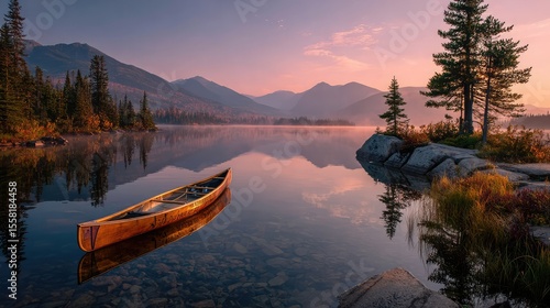 Serene Lake Canoe Misty Morning Calm on Flathead Lake Montana Landscape.