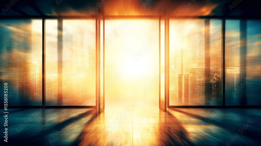 Modern interior with expansive floor-to-ceiling windows, vibrant cityscape view, warm golden sunlight casting long shadows, open space, urban connection, cool blue and gray tones. Modern interior with expansive floor-to-ceiling windows, vibrant cityscape view, warm golden sunlight casting long shadows, open space, urban connection, cool blue and gray tones.