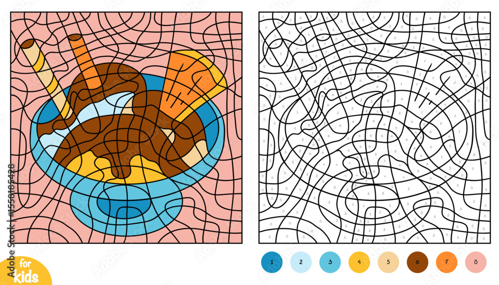 Obraz premium Color by number page for kids with a cartoon ice cream sundae. Vector coloring activity featuring three scoops, chocolate syrup, and wafer sticks.