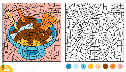 Color by number page for kids with a cartoon ice cream sundae. Vector coloring activity featuring three scoops, chocolate syrup, and wafer sticks.