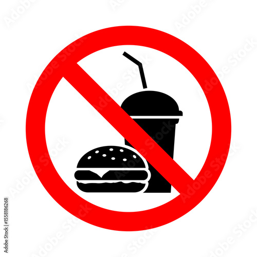 no food no drinks allowed symbol, burger and soft drink in red circle pictogram, eating and drinking forbidden round vector icon