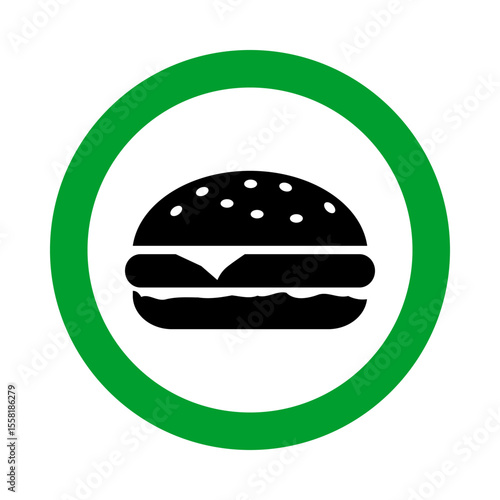 fast food allowed, burger in green circle pictogram, free eating zone round vector icon
