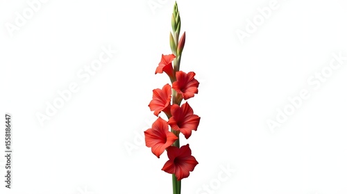 Fototapeta Naklejka Na Ścianę i Meble -  3D realistic rendering of a red Gladiolus flower isolated on a white background. Vertical floral spike with large, soft-petaled trumpet-shaped blossoms in natural colors.