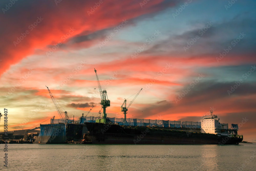 Fototapeta premium Industry landscape on sunset Engineering shipping crane depot at logistic export terminal control. Silhouette Warehouse freight background container yard loading quayside harbor port with copyspace