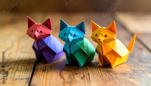 Colorful origami cats sit on a wooden surface, showcasing vibrant hues and playful designs, perfect for craft enthusiasts and cat lovers alike