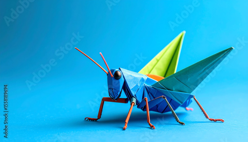 A colorful origami grasshopper stands out against a blue background, showcasing intricate folds and vibrant hues, symbolizing creativity and craftsmanship