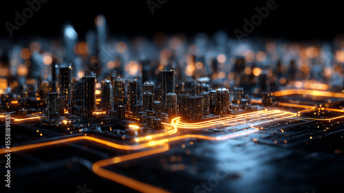 A miniature metropolis of skyscrapers emerges from a black silicon plain, with golden data arteries coursing between buildings to illustrate the electrified lifeblood of smart-city infrastructure.
