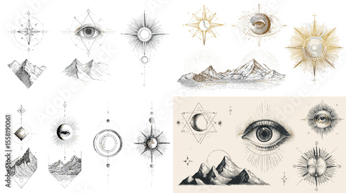 Mystical hand-drawn illustration set of eyes, moons, stars, and mountains with celestial and geometric accents. Ideal for tattoos, prints, and spiritual designs.

