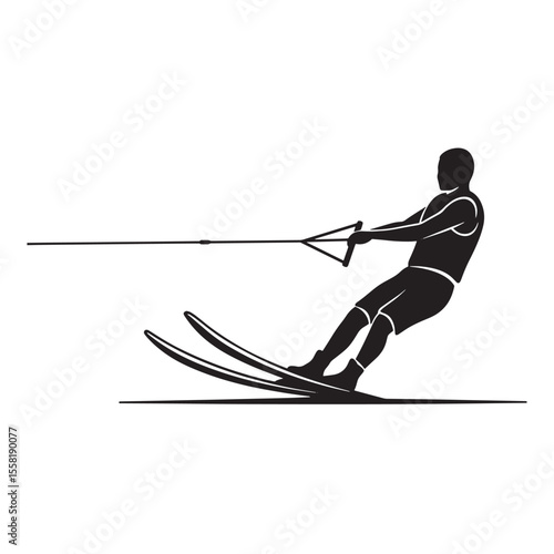 Silhouette illustration of a waterskier being towed across the water with rope and skis