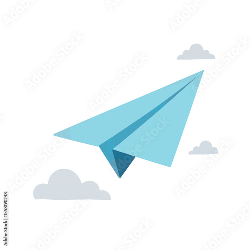 Paper airplane flying among soft clouds in bright background, freedom