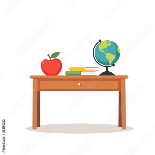 Colorful teacher's desk with apple and globe, education concept