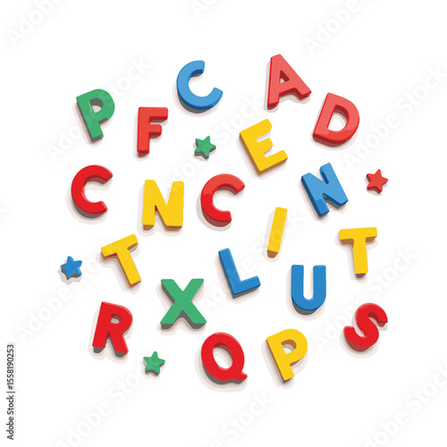 Colorful magnetic letters scattered on white background, learning fun