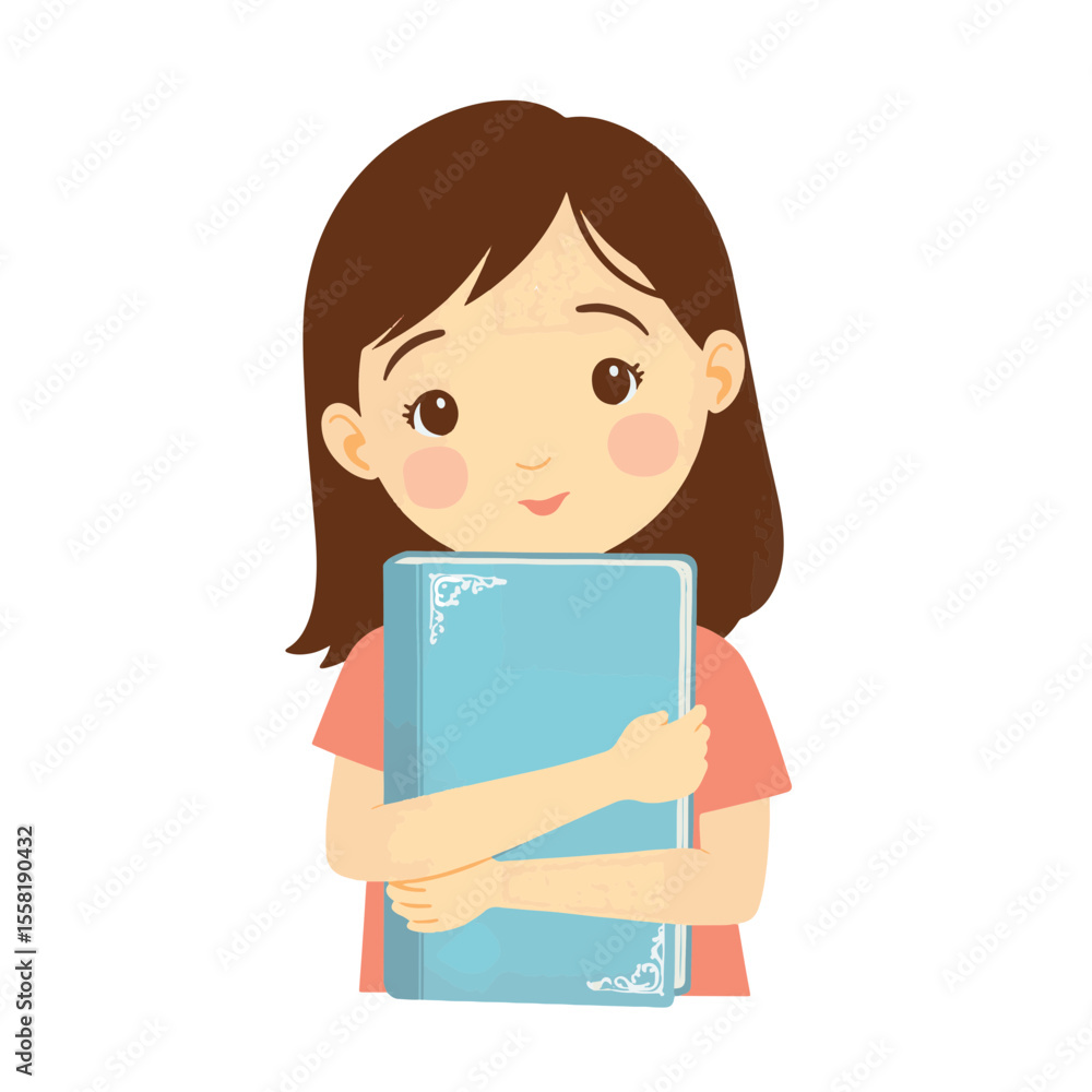 Happy girl holding book close, simple illustration of love for reading Happy girl holding book close, simple illustration of love for reading