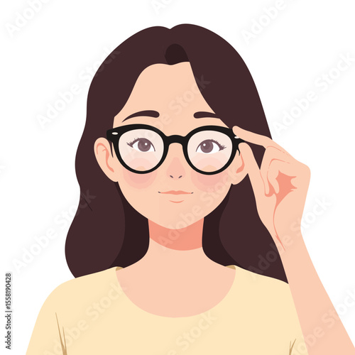 Girl adjusting glasses with a smile against a white background, clarity