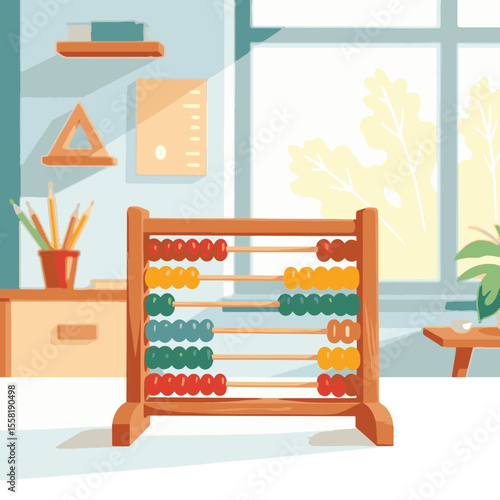 Colorful abacus in bright classroom setting, learning environment