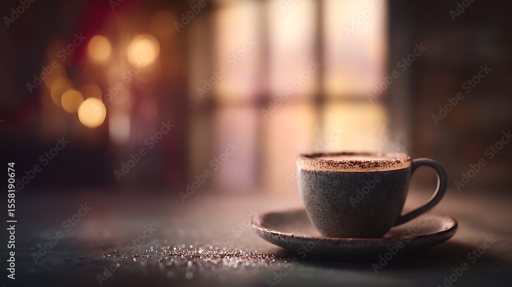 Fototapeta premium Cozy Coffee Cup with Steam and Soft Background Bokeh in a Warm Environment
