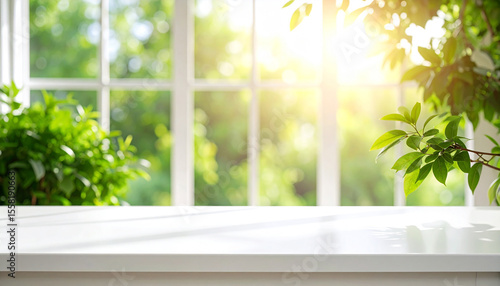 Close-up of an empty table where you can display food against a bright window background with the morning sun.