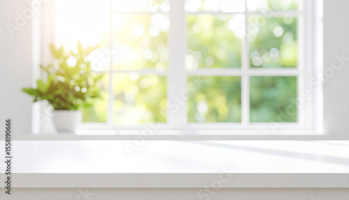 Close-up of an empty table where you can display food against a bright window background with the morning sun.