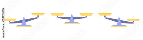 Set of scales. Weighing scale with yellow pans and blue base. Bowls of scales in balance, an imbalance of scales. Vector illustration in flat style