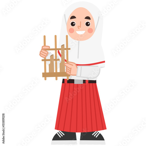 Illustration of Indonesian elementary school girl playing angklung