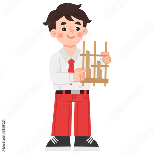 Illustration of Indonesian elementary school male students playing angklung