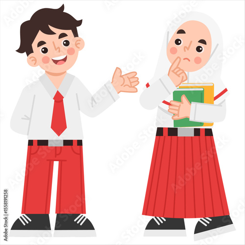 Illustration of Indonesian elementary school girls and boys talking
