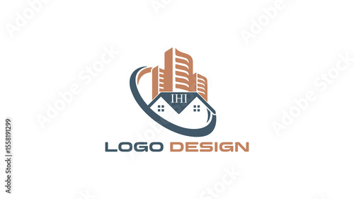 Modern real estate logo with building and skyline illustration, perfect for property businesses, housing developers, or urban construction branding