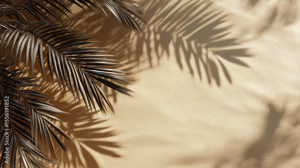 Obraz premium Tropical Palm Shadow: Evoking the essence of a tropical paradise, the intricate shadows of palm leaves dance across a neutral beige backdrop, painting a scene of tranquility.
