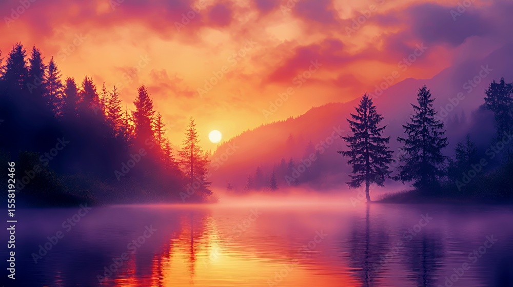 Obraz premium Stunning sunset over a tranquil lake surrounded by silhouettes of evergreen trees.