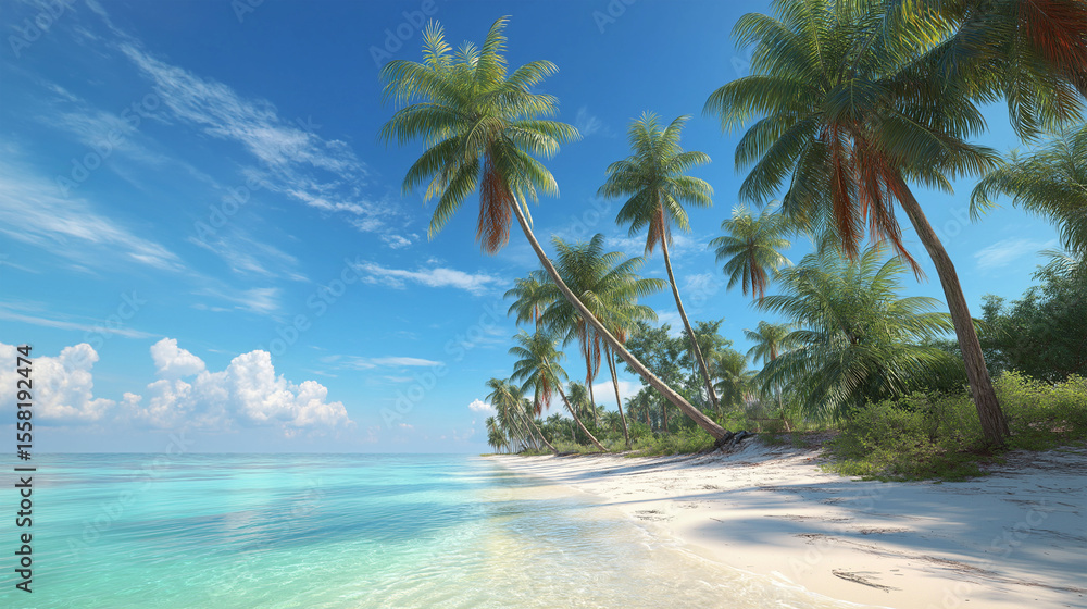 Fototapeta premium Paradise Beach: A serene tropical beach scene, where pristine white sands meet the crystal-clear turquoise waters, with swaying palm trees reaching towards a bright blue sky with fluffy clouds.