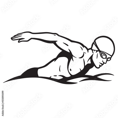 Vector illustration of a strong swimmer in motion performing the freestyle stroke in a pool.