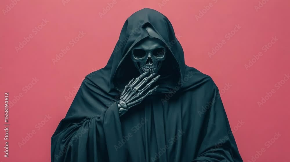 halloween concept. A skeletal figure in a black hooded cloak poses against a pink background, exuding a mysterious and eerie presence. halloween concept. A skeletal figure in a black hooded cloak poses against a pink background, exuding a mysterious and eerie presence.